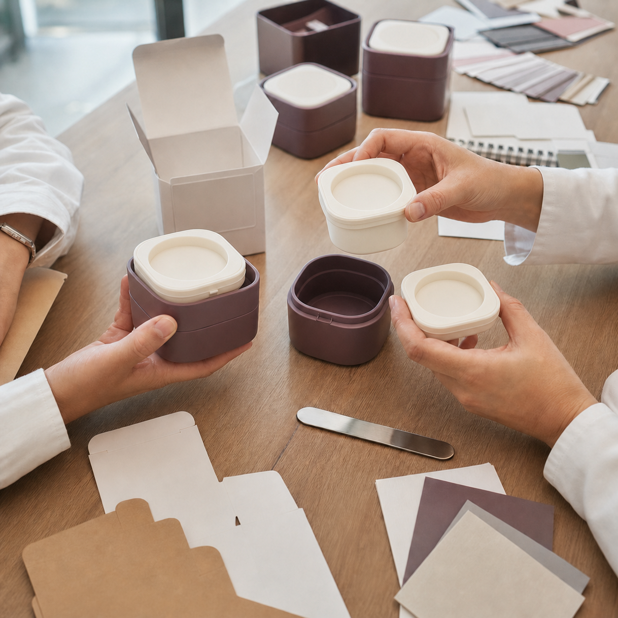 Packaging team compares muted plum outer jars oat ivory refill inserts cartons and material swatches