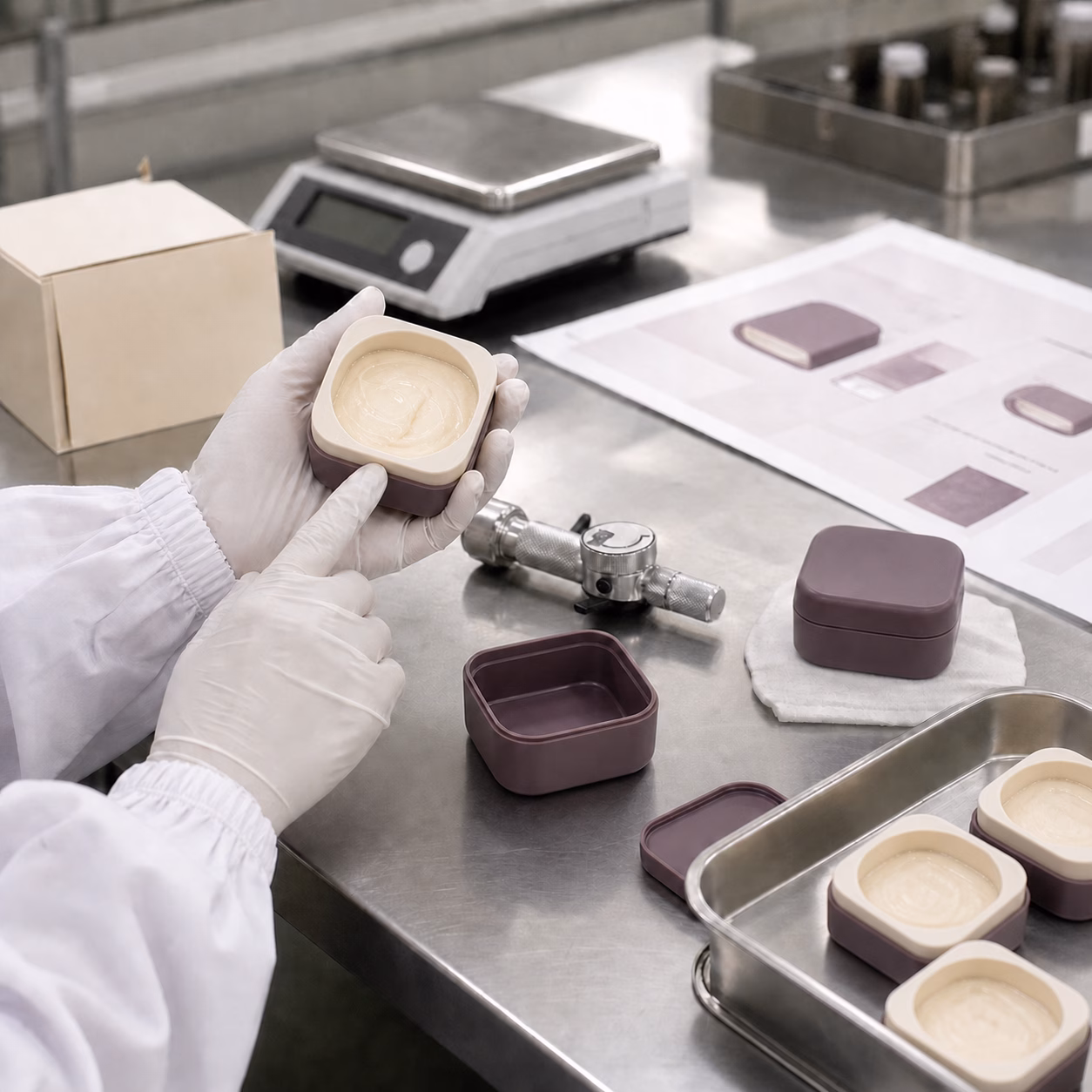 Gloved technician checks cream texture refill insert fit closure and packaging samples at a cosmetics QC bench