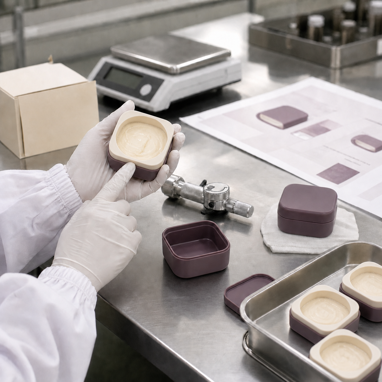 Gloved technician checks cream texture refill insert fit closure and packaging samples at a cosmetics QC bench