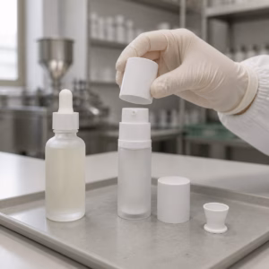 Unbranded dropper and airless facial serum samples reviewed by hand on a cosmetic factory sample table