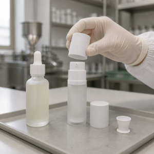 Unbranded dropper and airless facial serum samples reviewed by hand on a cosmetic factory sample table