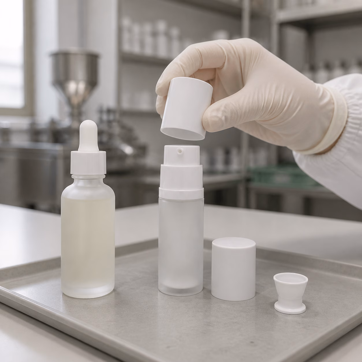 Unbranded dropper and airless facial serum samples reviewed by hand on a cosmetic factory sample table