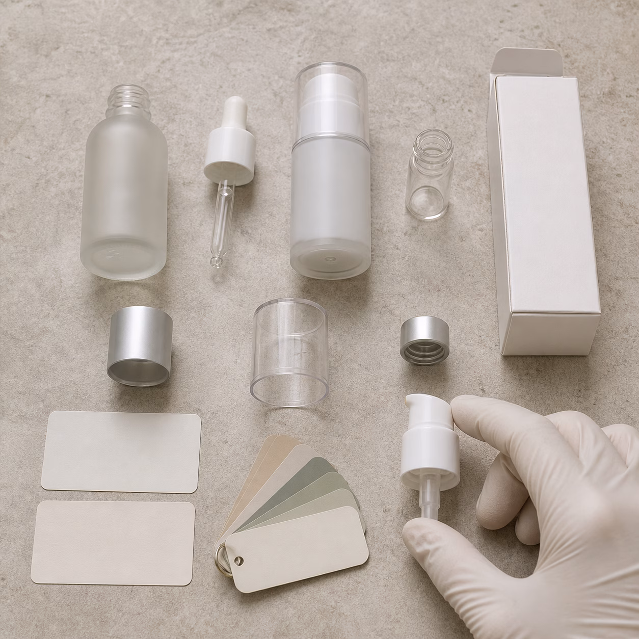 Blank dropper, airless pump, vial, cartons and label swatches arranged for private label serum packaging review