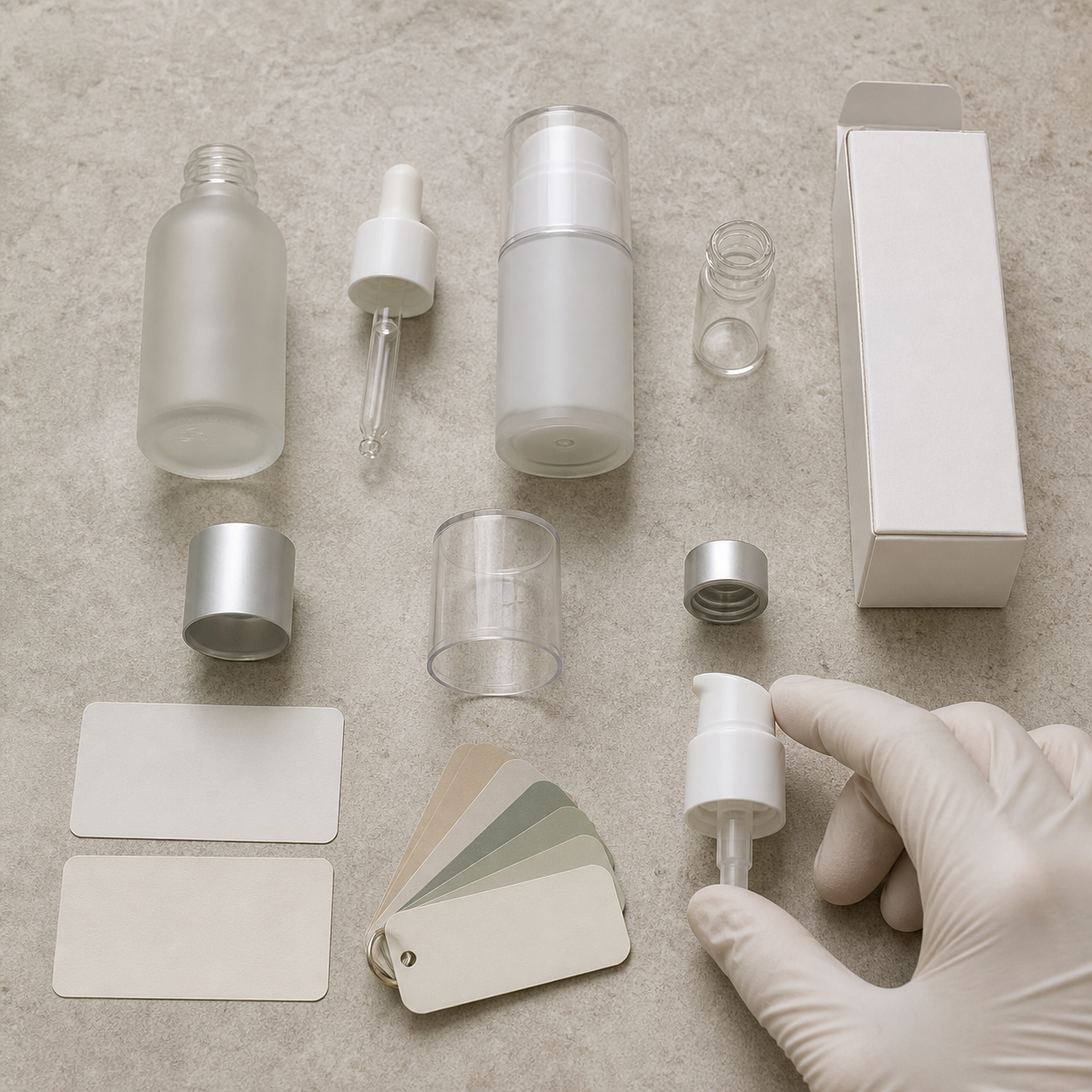 Blank dropper, airless pump, vial, cartons and label swatches arranged for private label serum packaging review