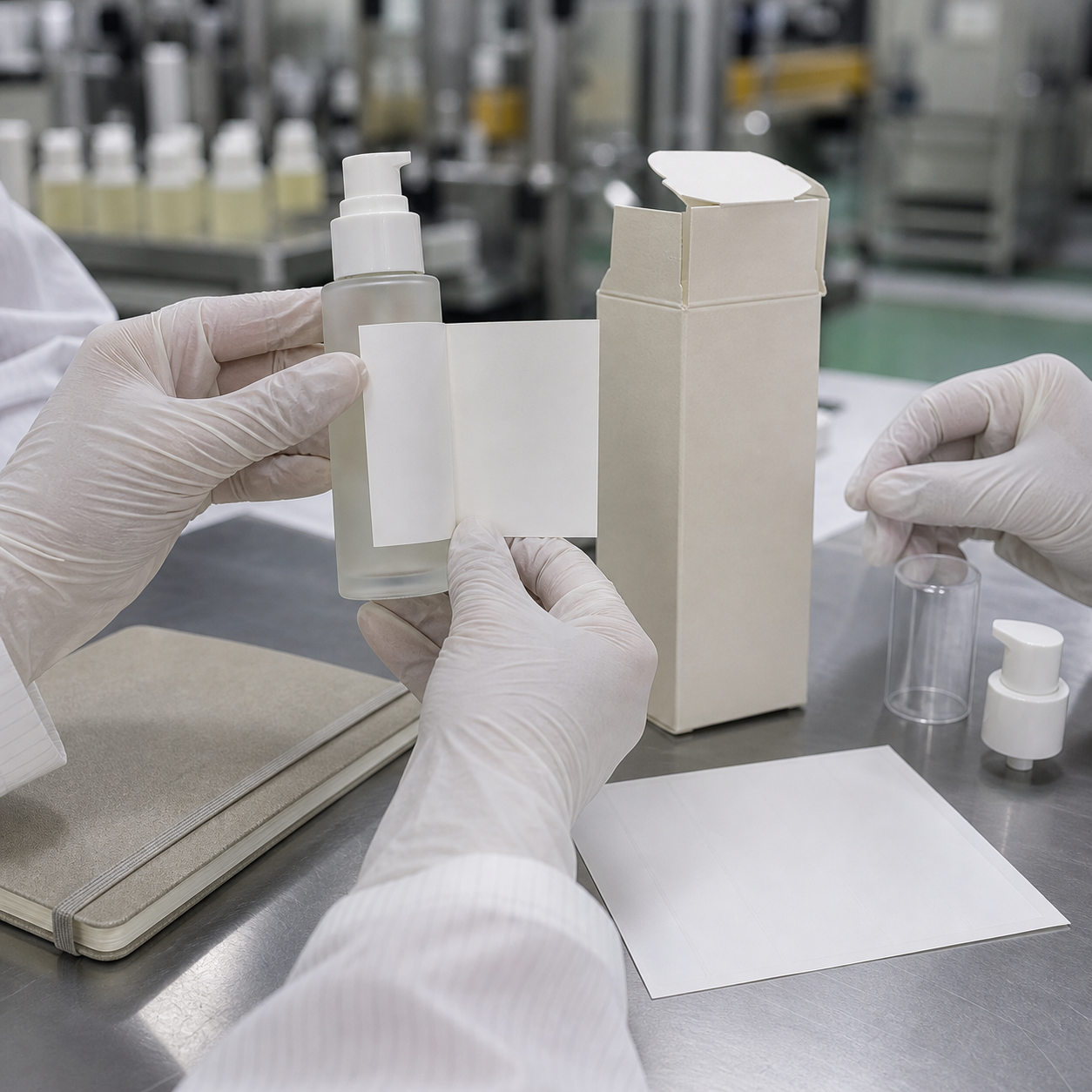 Cosmetic factory technicians align a blank label on an unbranded pump serum bottle beside a plain carton