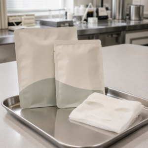 Neutral single-use pouches and a standard white sheet mask sample on a cosmetic factory development tray