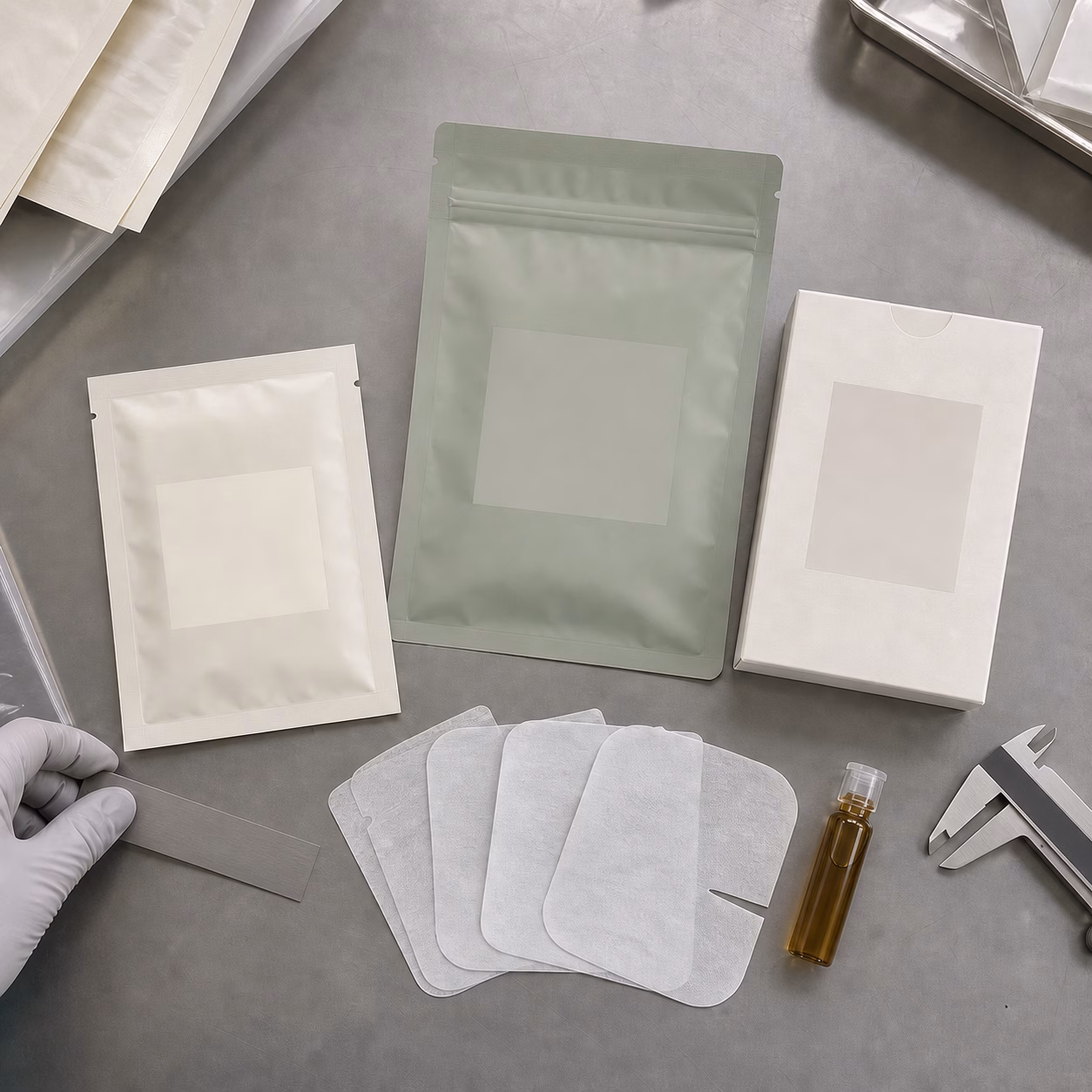 Blank single-use pouch, resealable multi-sheet pouch, carton and sheet-material samples for a private label facial mask