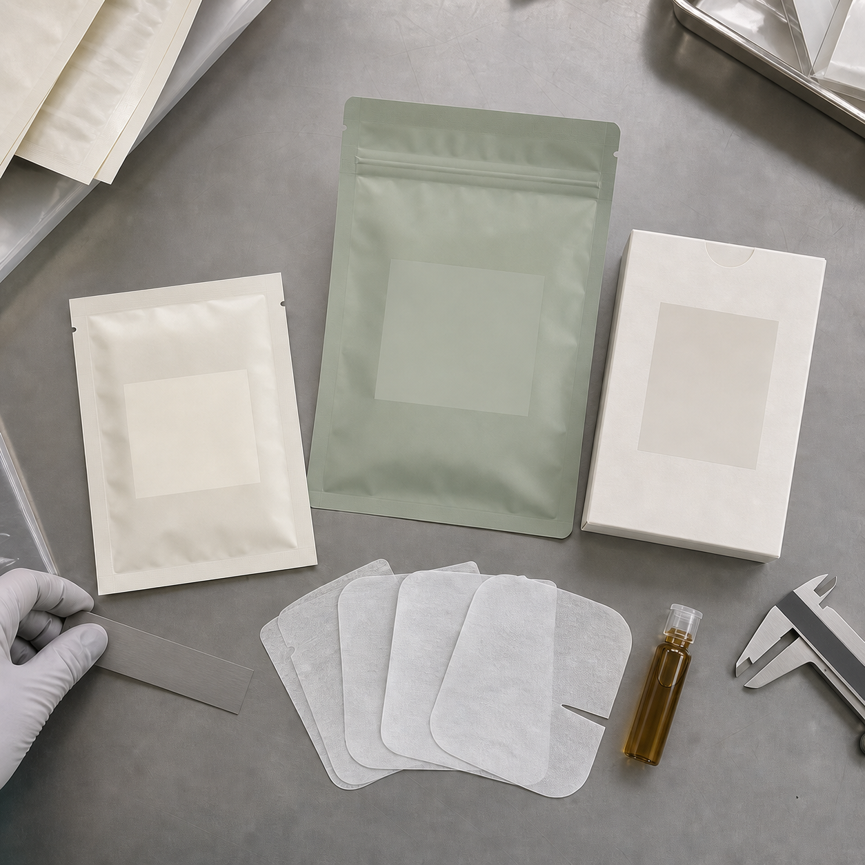 Blank single-use pouch, resealable multi-sheet pouch, carton and sheet-material samples for a private label facial mask