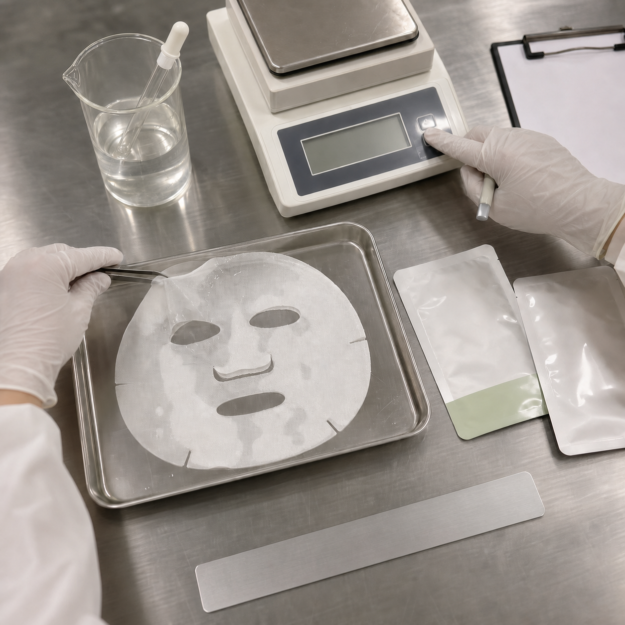 Gloved cosmetic factory technicians check sheet-mask dimensions and essence loading on a stainless QC bench