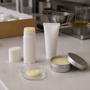Blank foot balm stick, tin and tube samples on a cosmetic factory development table