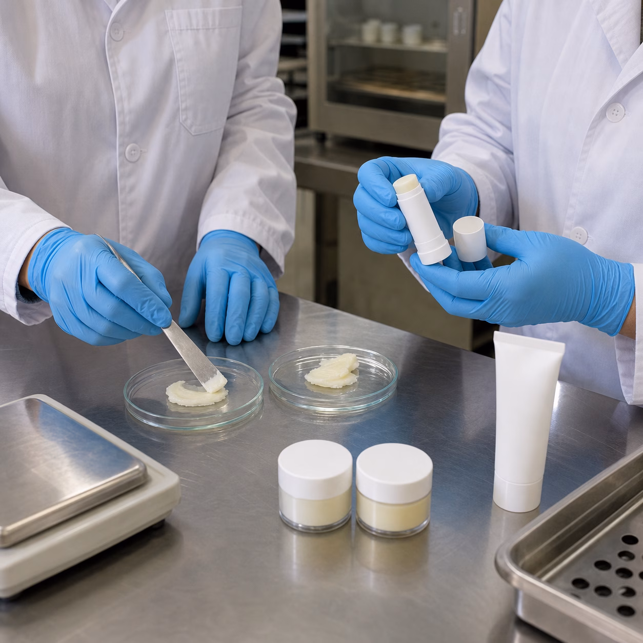 Cosmetic factory technicians compare balm texture and check an unbranded twist-up foot balm stick