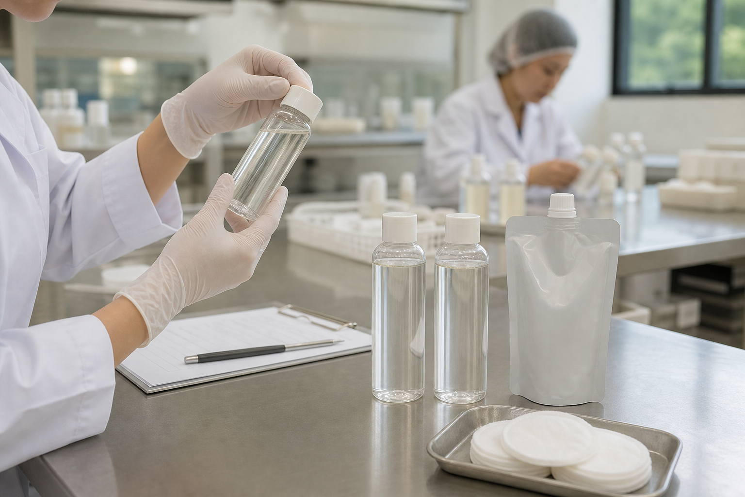 GUOCUI cosmetics team reviewing unbranded fermented wiping lotion bottle and refill samples with cotton pads on a QC table