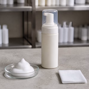 Unbranded fine-foam facial essence dispenser with a white foam sample and laboratory wipe on a neutral cosmetic sample table