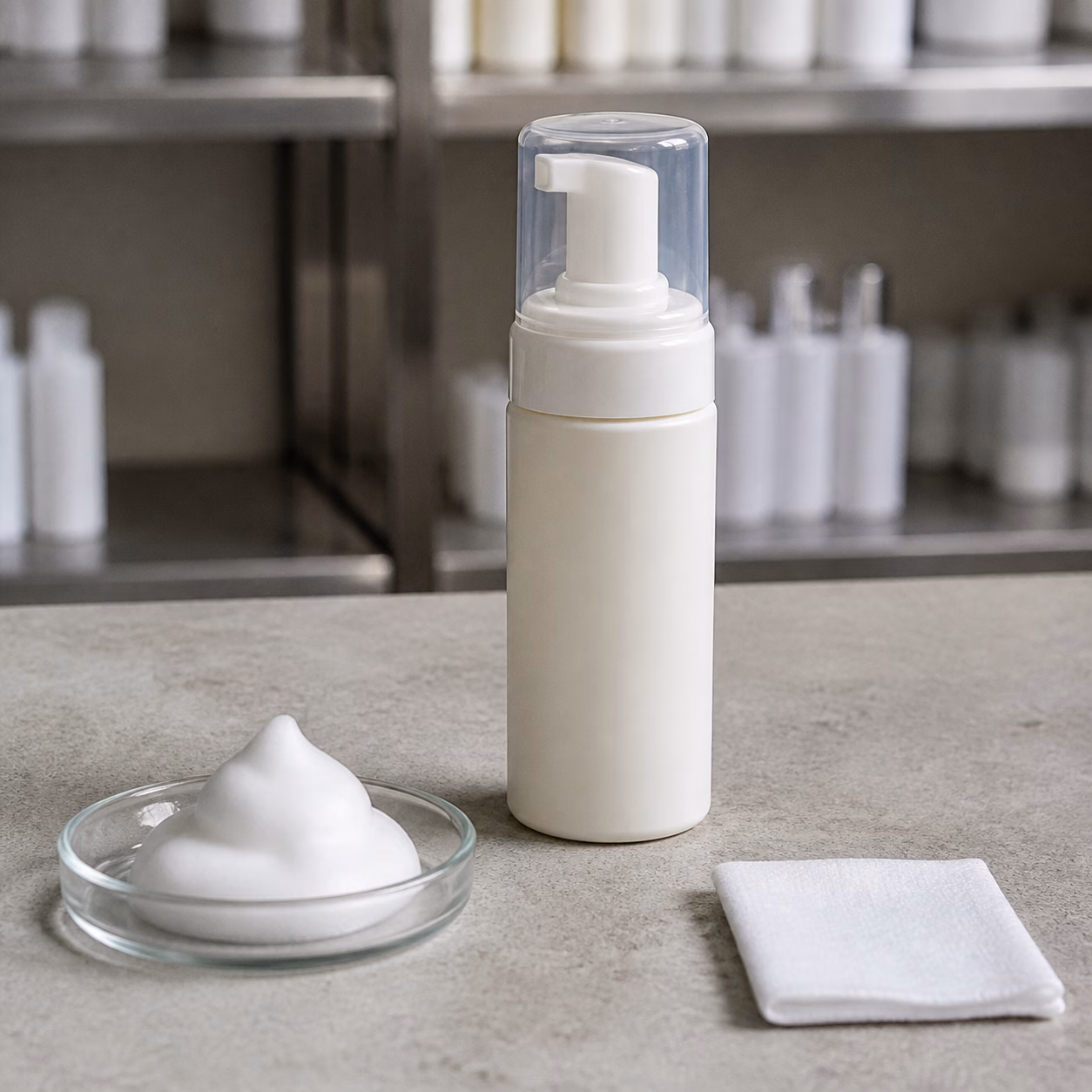 Unbranded fine-foam facial essence dispenser with a white foam sample and laboratory wipe on a neutral cosmetic sample table