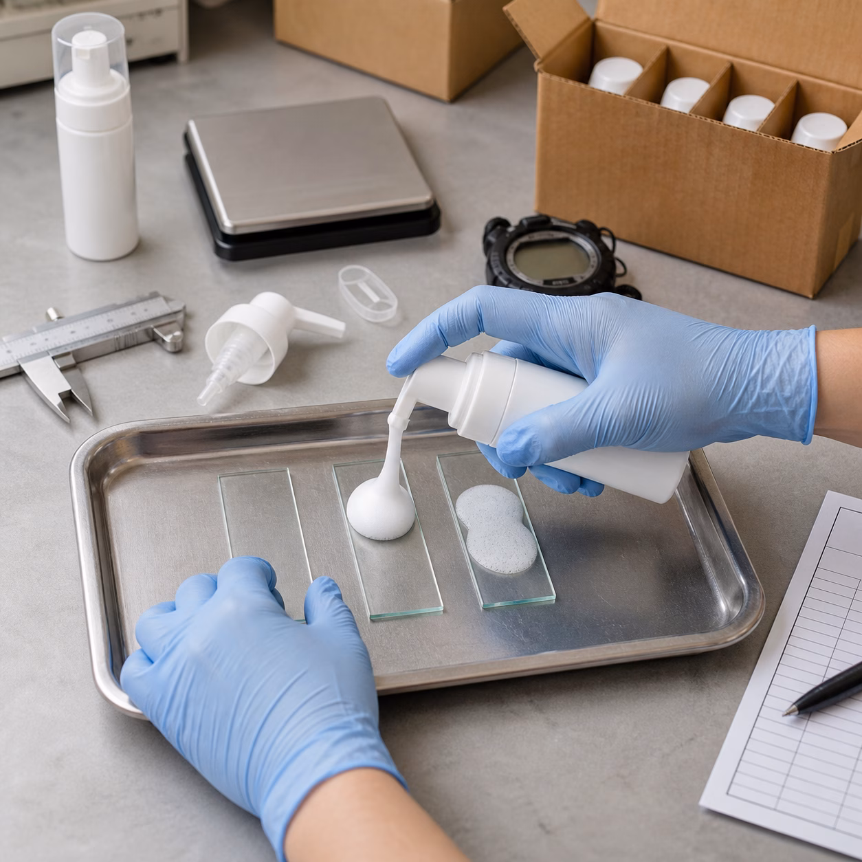 Gloved technician checking fine-foam essence output, collapse samples and pump components at an illustrative QC table