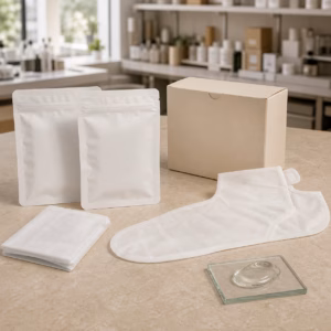 Blank foot mask pouches and wearable nonwoven samples on a cosmetic factory sample table