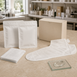 Blank foot mask pouches and wearable nonwoven samples on a cosmetic factory sample table