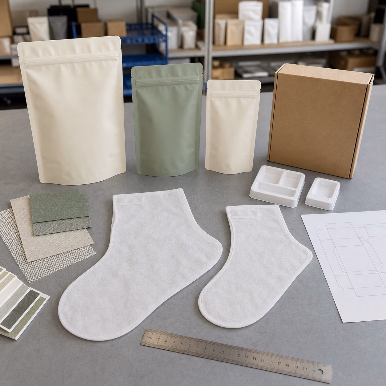 Foot mask pouch sizes nonwoven materials cartons and fit samples arranged for OEM packaging review