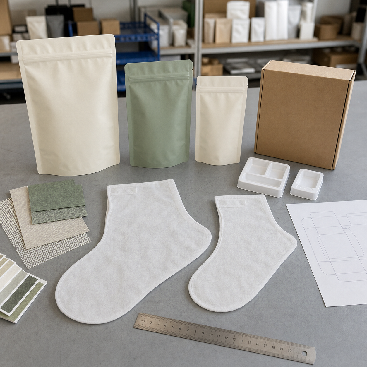 Foot mask pouch sizes nonwoven materials cartons and fit samples arranged for OEM packaging review