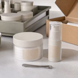 Unbranded toner pad jar and gel cream pump samples on a GUOCUI factory sample table