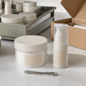 Unbranded toner pad jar and gel cream pump samples on a GUOCUI factory sample table