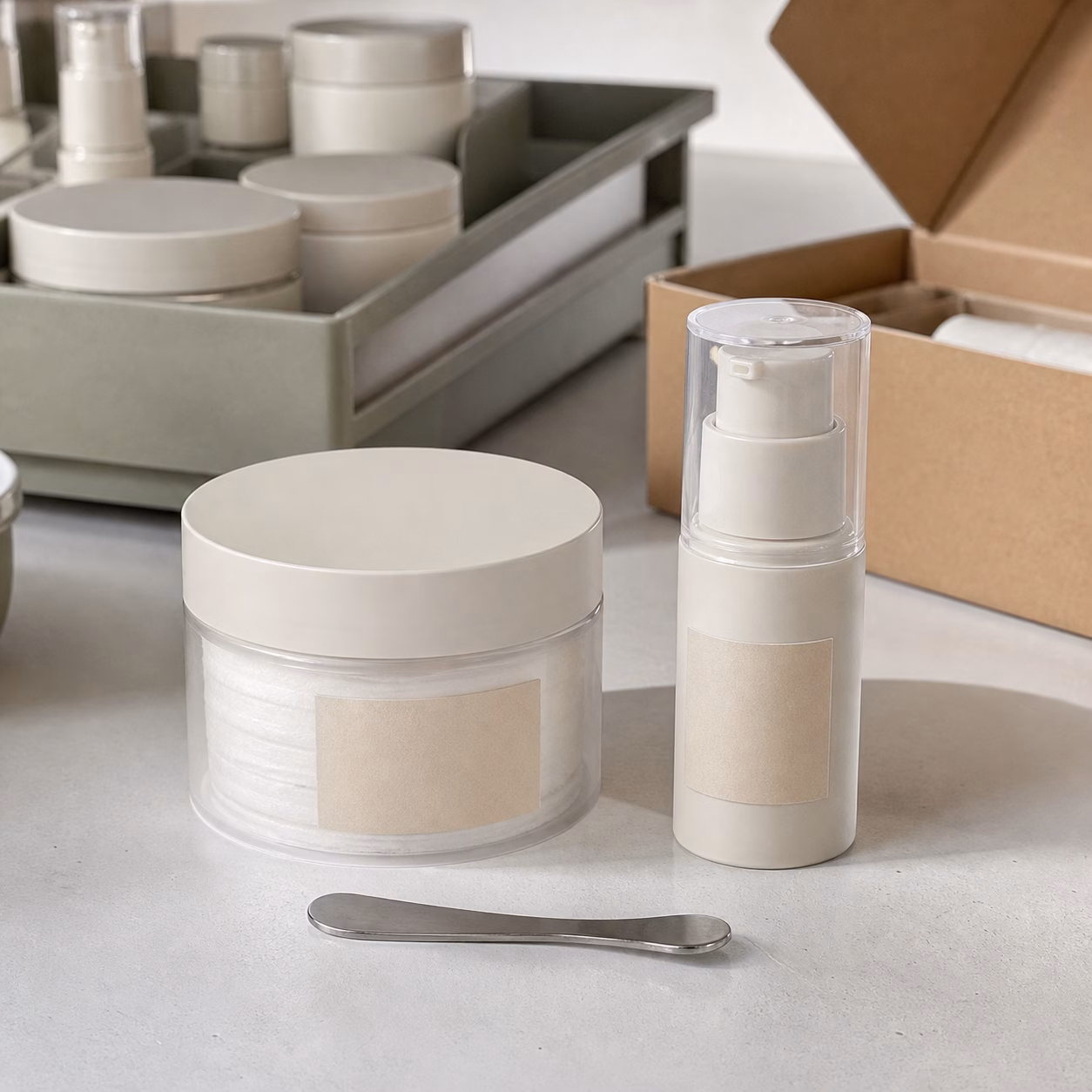 Unbranded toner pad jar and gel cream pump samples on a GUOCUI factory sample table