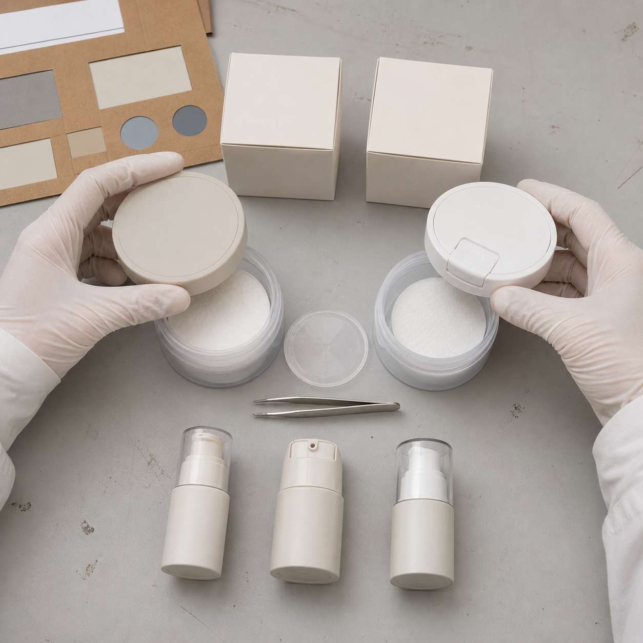Toner pad jar closures, tweezers and gel cream airless pumps arranged for private label packaging review