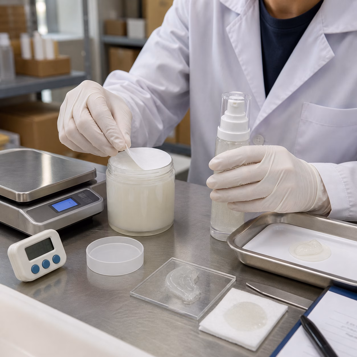 Gloved factory technician checking toner pad absorption and gel cream pump samples at a QC bench