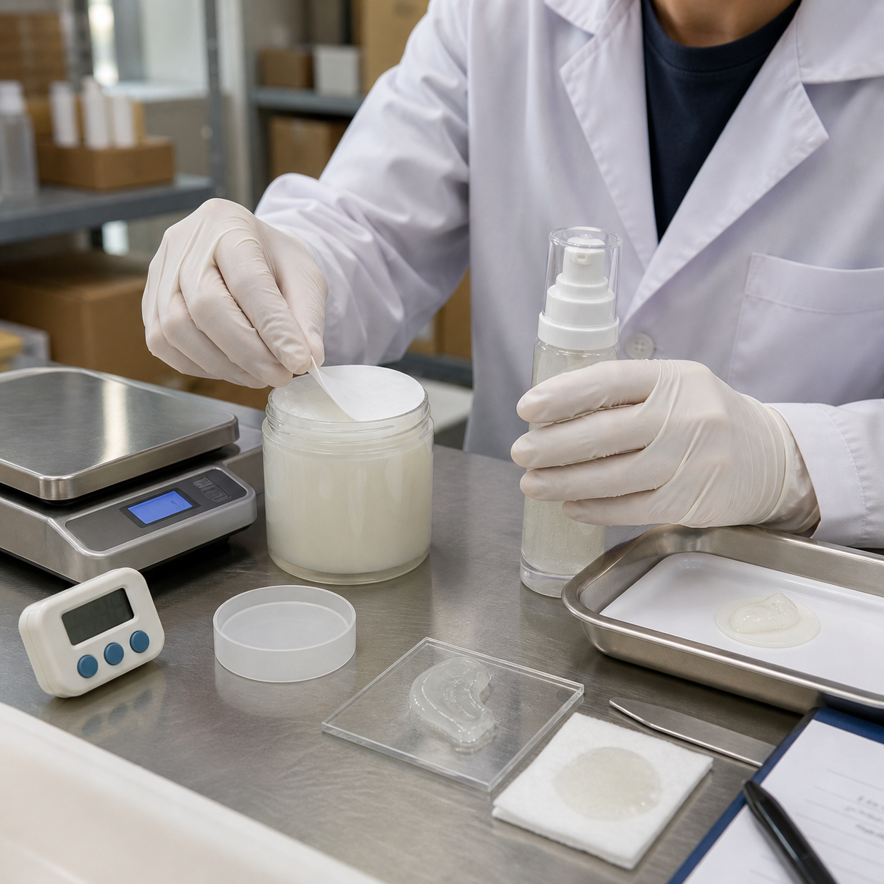 Gloved factory technician checking toner pad absorption and gel cream pump samples at a QC bench