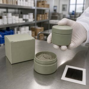 Blank-label avocado matte hair clay jar carton texture sample and gloved QC hand on a factory sample table