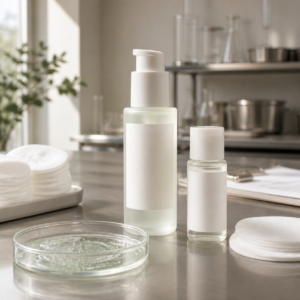 Unbranded pump and travel-size skin-prep serum samples with cotton pads on a cosmetic factory table