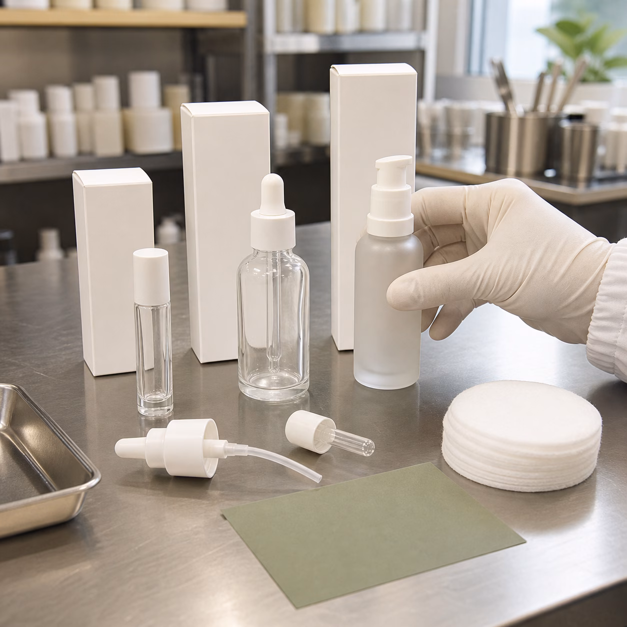 Gloved packaging reviewer compares blank pump dropper travel vial and carton options for a private label facial serum