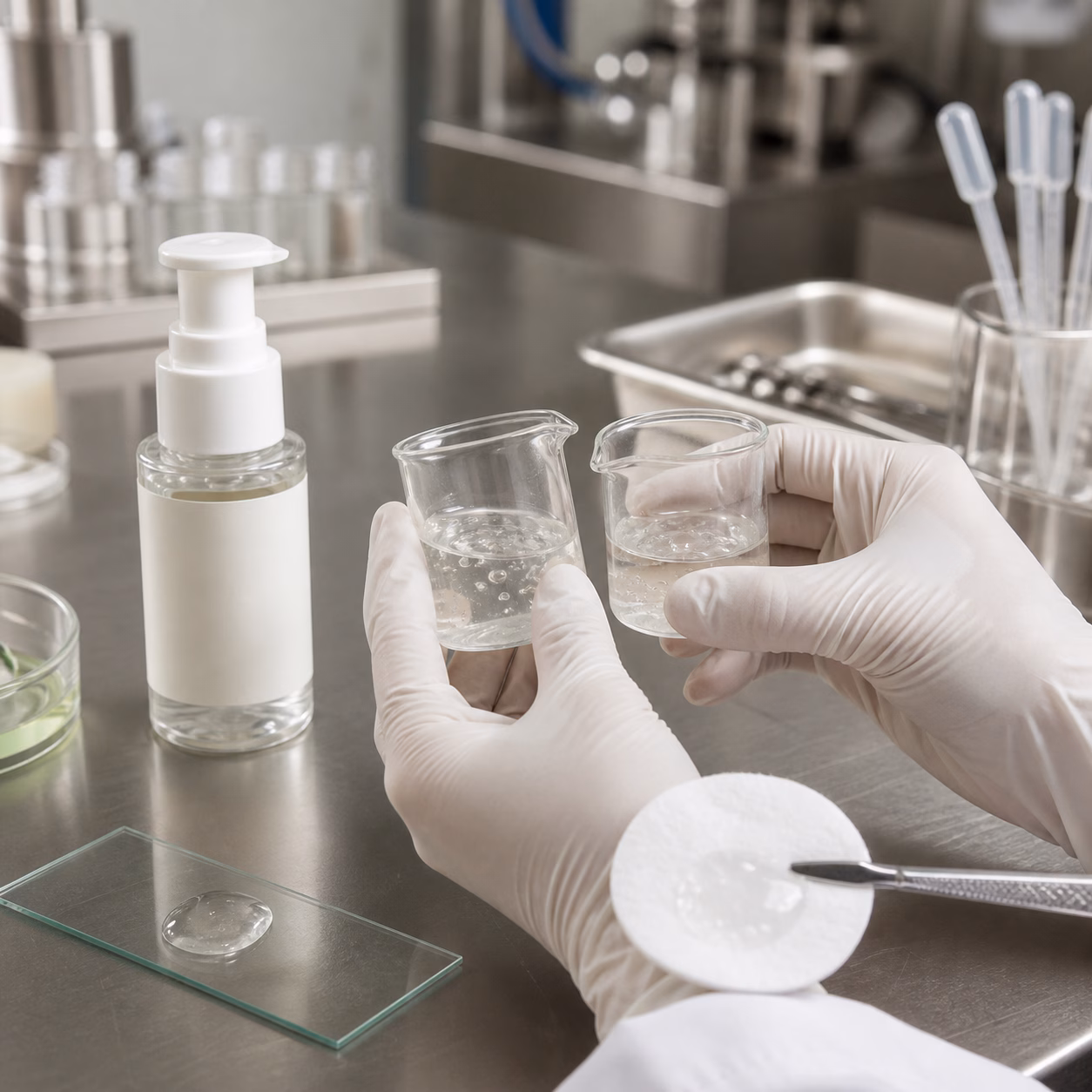 Gloved cosmetics technician compares clear serum samples cotton-pad pickup and a blank pump bottle at a QC bench