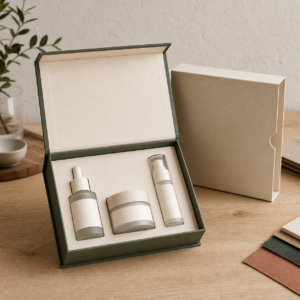Blank serum cream and pump samples in a configurable rigid skincare gift box on a sample table