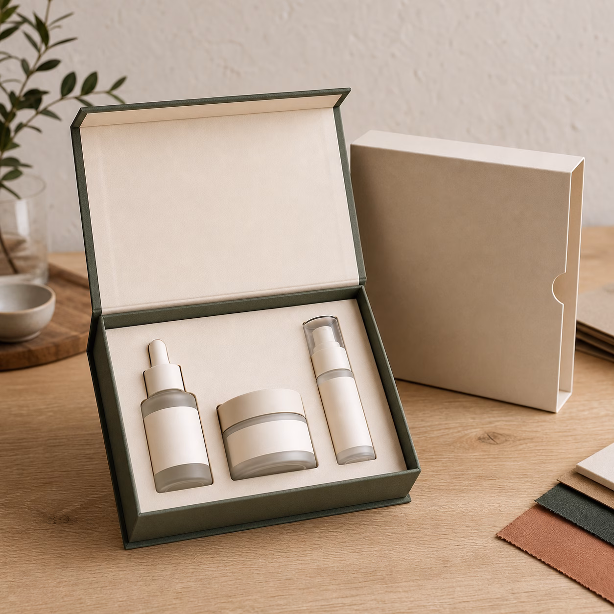 Blank serum cream and pump samples in a configurable rigid skincare gift box on a sample table
