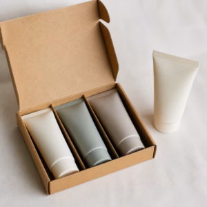 Blank hand cream tubes in a neutral gift carton showing an illustrative assortment layout