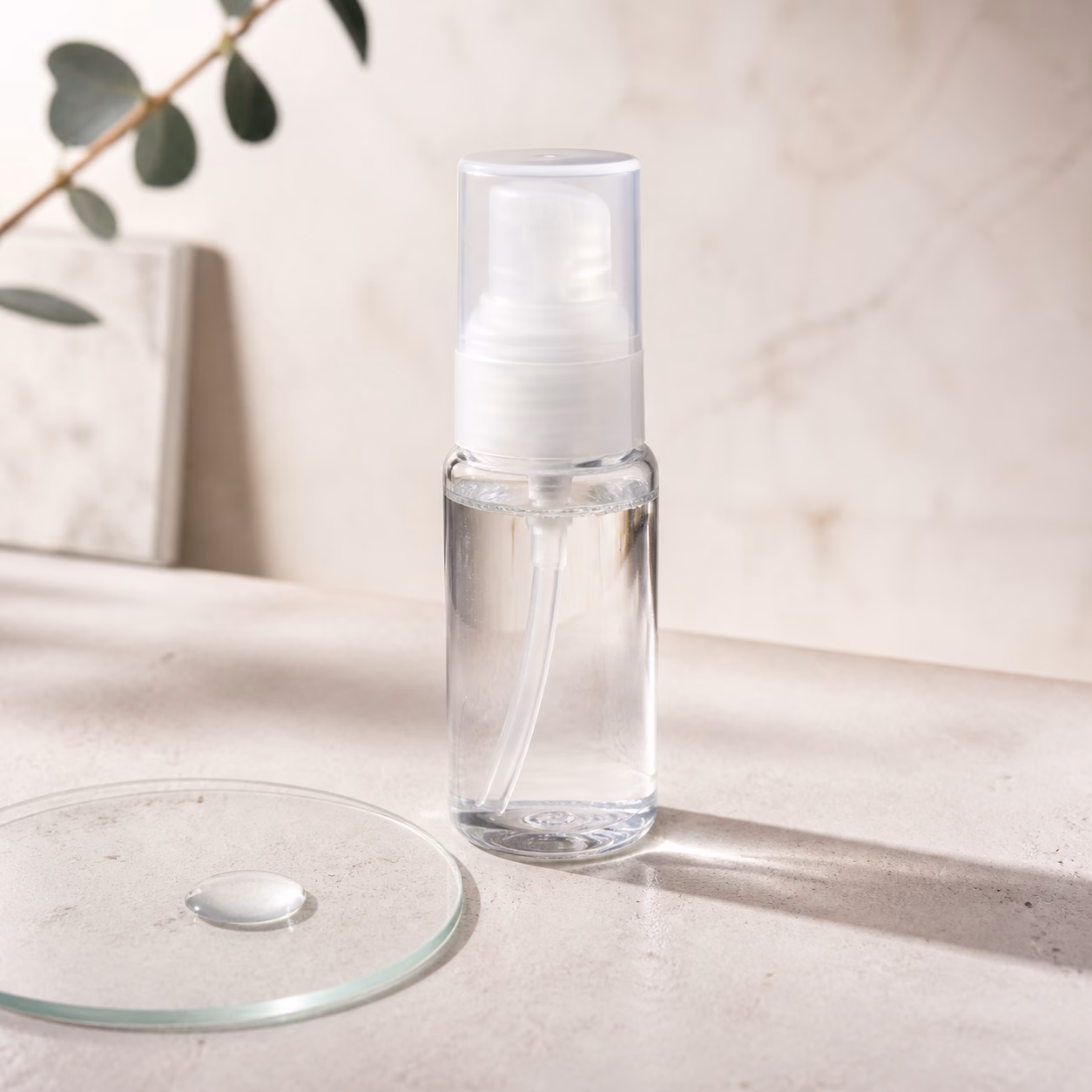 Unbranded clear water-light facial serum pump sample and transparent texture dish on a neutral formulation table
