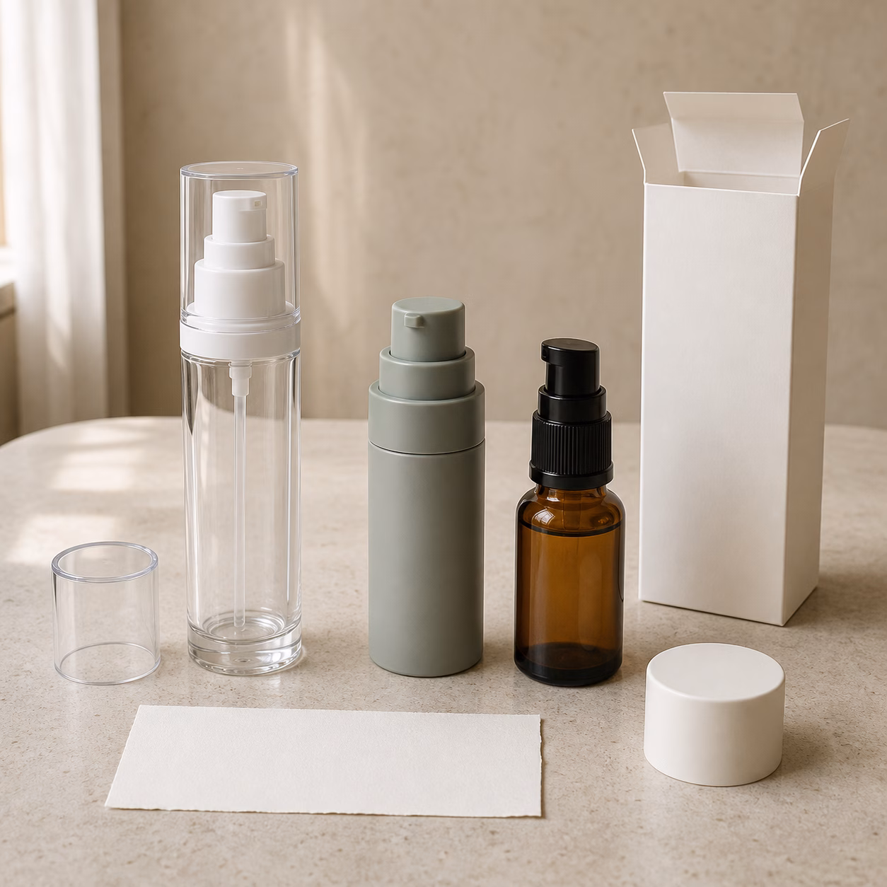 Blank clear pump, sage airless bottle, amber glass bottle and carton arranged for private label facial serum packaging review