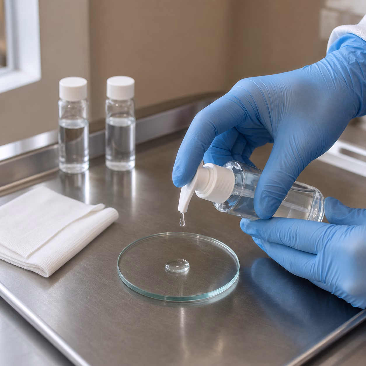 Gloved technician checking one drop from a clear facial serum pump on a glass sample plate at an illustrative QC table
