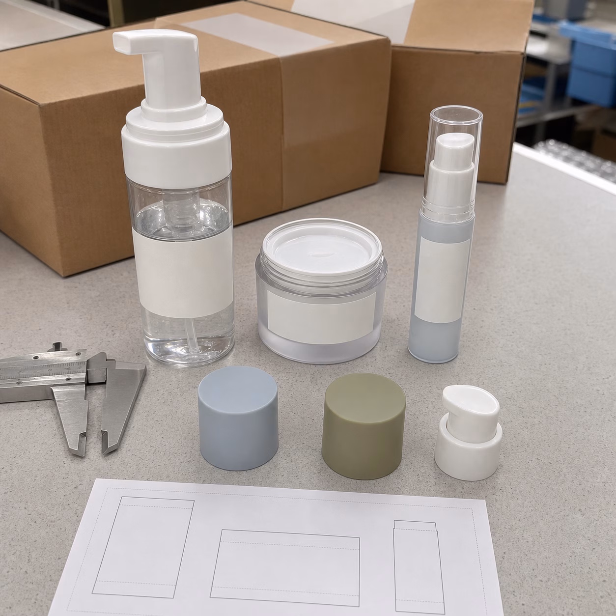 Blank pump, jar, airless bottle and cap options arranged for a private label face-care packaging review