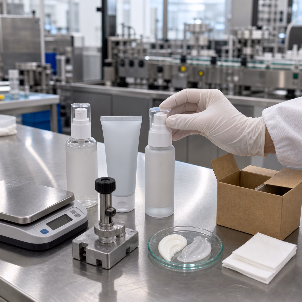 Gloved factory technician checking an unbranded face-care sample pump beside QC tools and texture swatches
