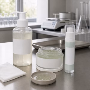 Unbranded cleanser, rinse-off gel mask and lightweight gel cream samples on a GUOCUI factory sample table