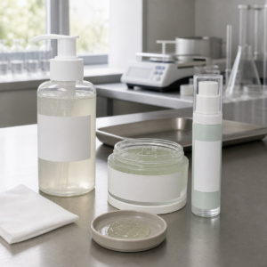 Unbranded cleanser, rinse-off gel mask and lightweight gel cream samples on a GUOCUI factory sample table