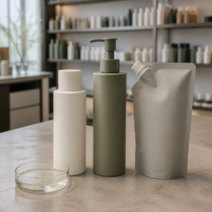 Warm-white bottle muted-moss pump bottle and refill pouch for a private label hydrating essence lotion system