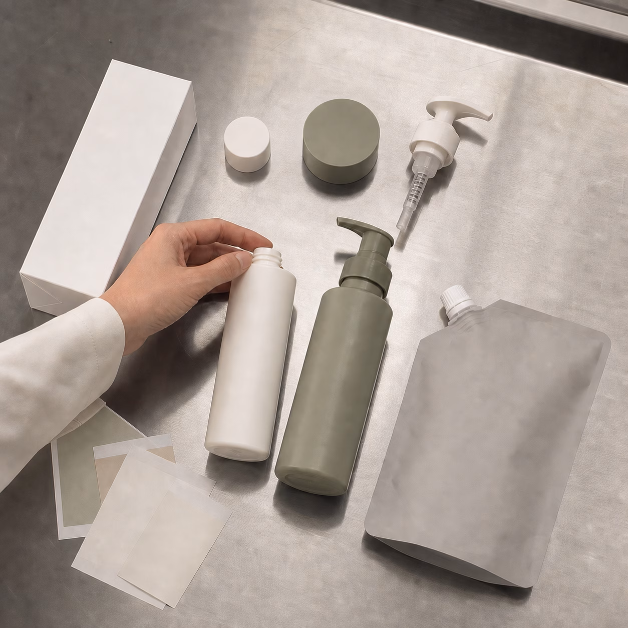 Bottle pump refill pouch carton and blank label options on a cosmetics packaging sample table