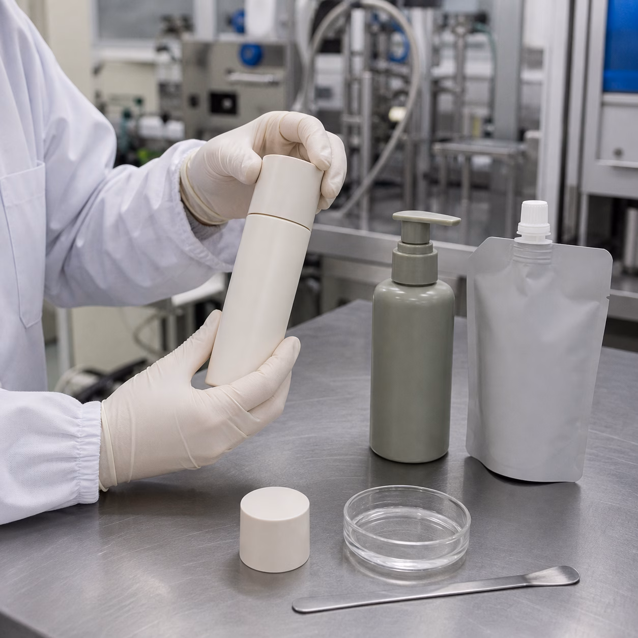 Gloved technician checks bottle closure fit beside a pump bottle and refill pouch in a cosmetics QC workspace