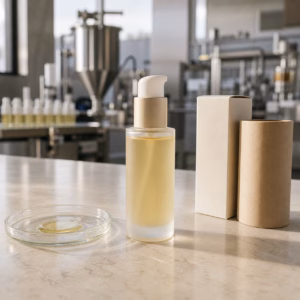 Neutral lightweight facial oil serum pump sample on a GUOCUI factory sample table