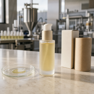 Neutral lightweight facial oil serum pump sample on a GUOCUI factory sample table