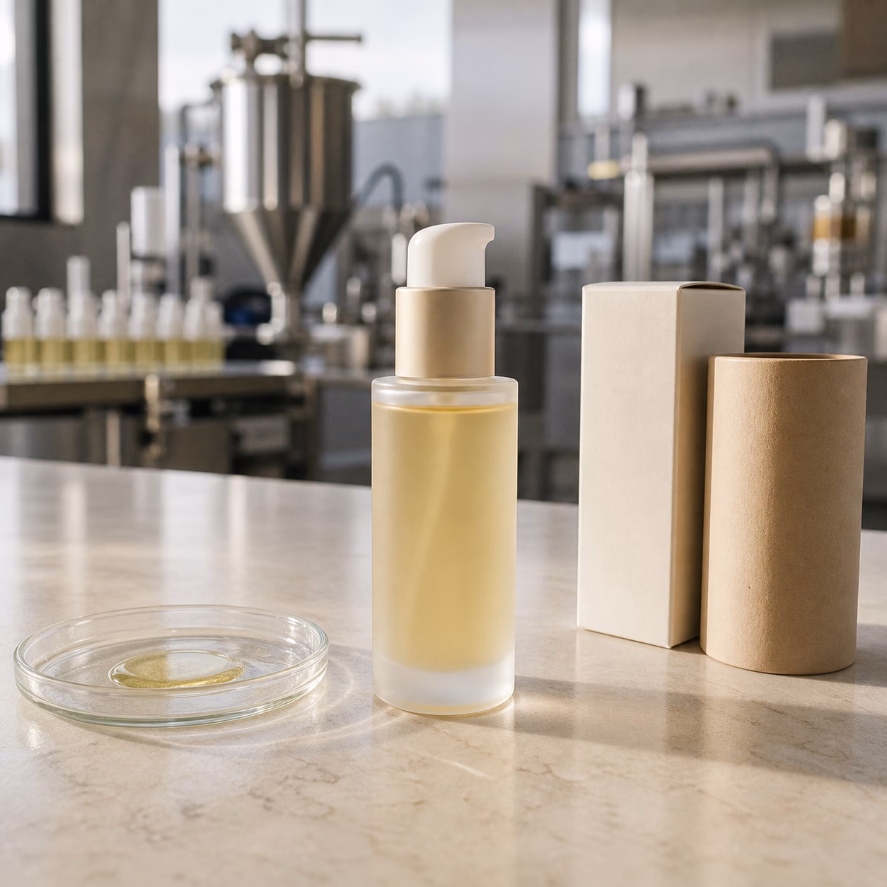 Neutral lightweight facial oil serum pump sample on a GUOCUI factory sample table