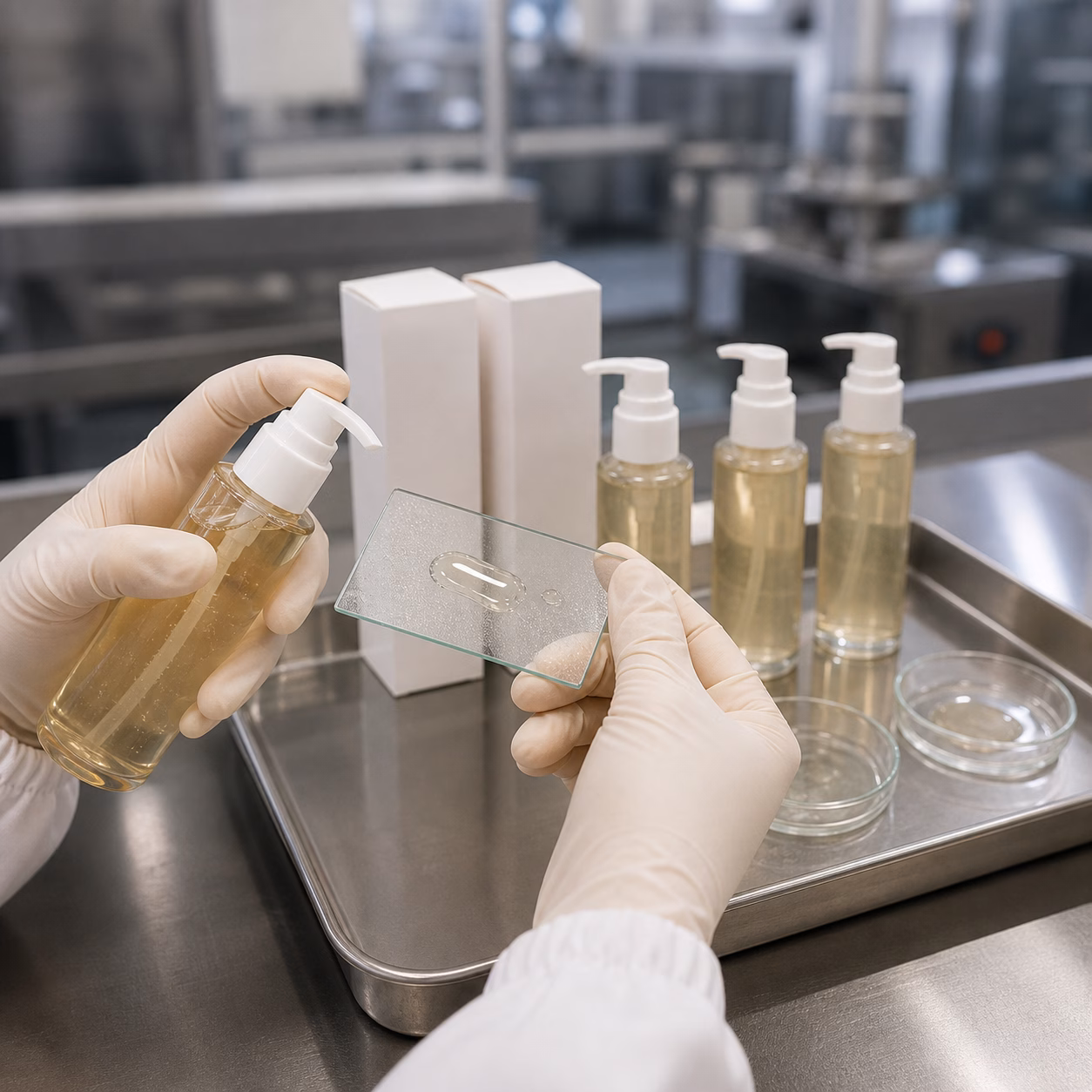Gloved GUOCUI sample technician checks facial oil serum pump output clarity and residue